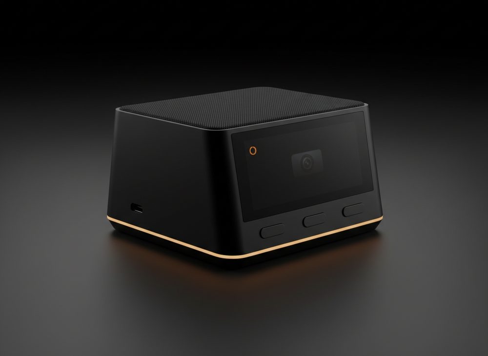 Aegis base station: a black desktop unit with a front display, three buttons, speaker top and amber light strip