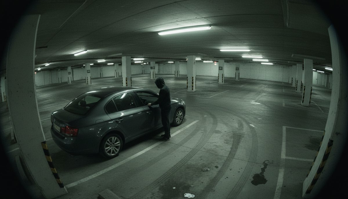 Exterior camera view of a hooded figure at the driver door in an underground garage