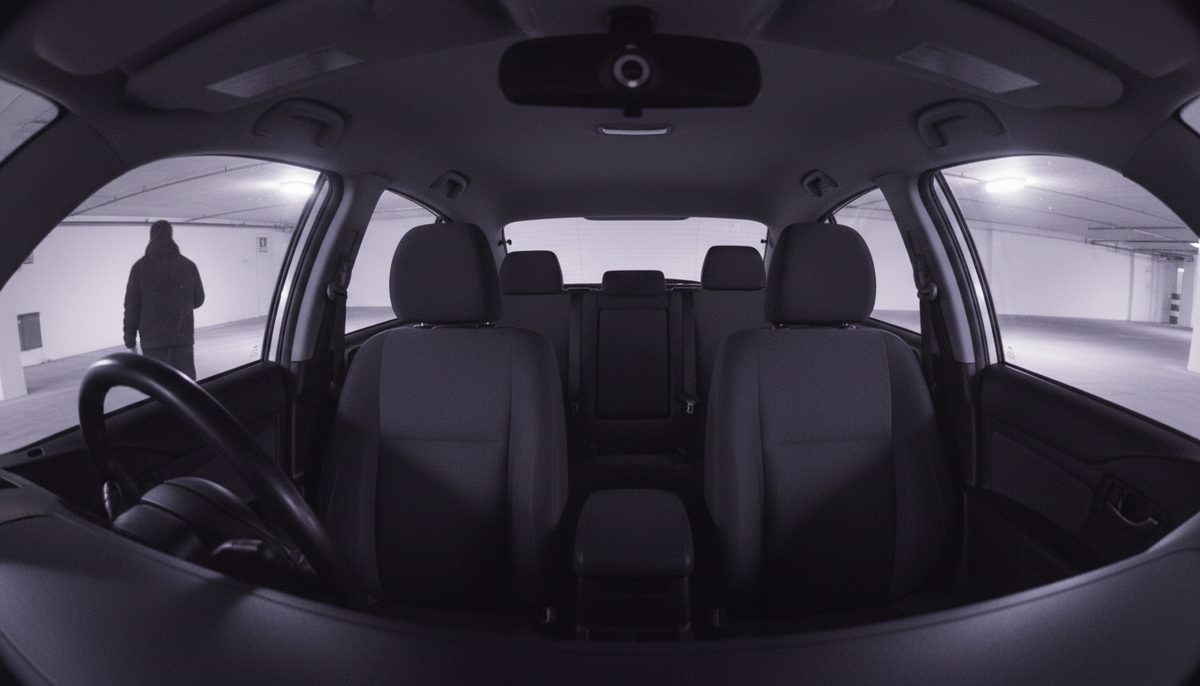 Interior night-vision camera view with a silhouette outside the driver window