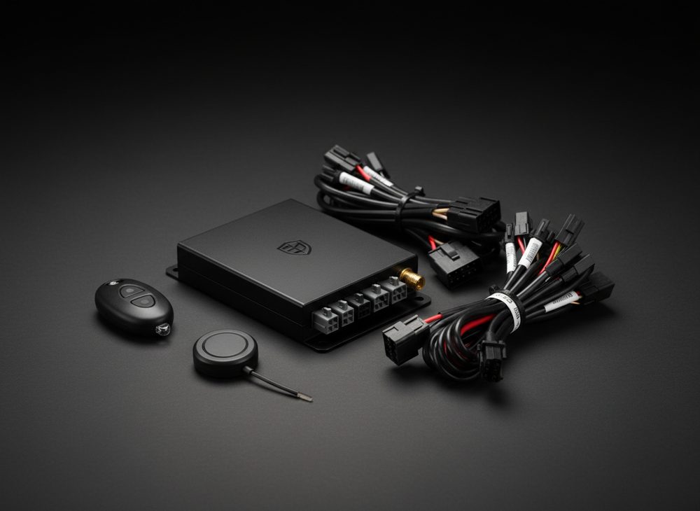 Aegis system kit: control module with automotive connector ports, two wiring harness bundles, remote fob and antenna